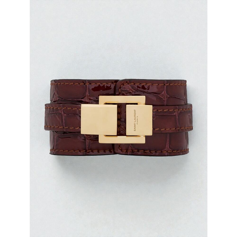 Saint Laurent Le Carre Bracelet In Crocodile-Embossed Leather And Metal Size S